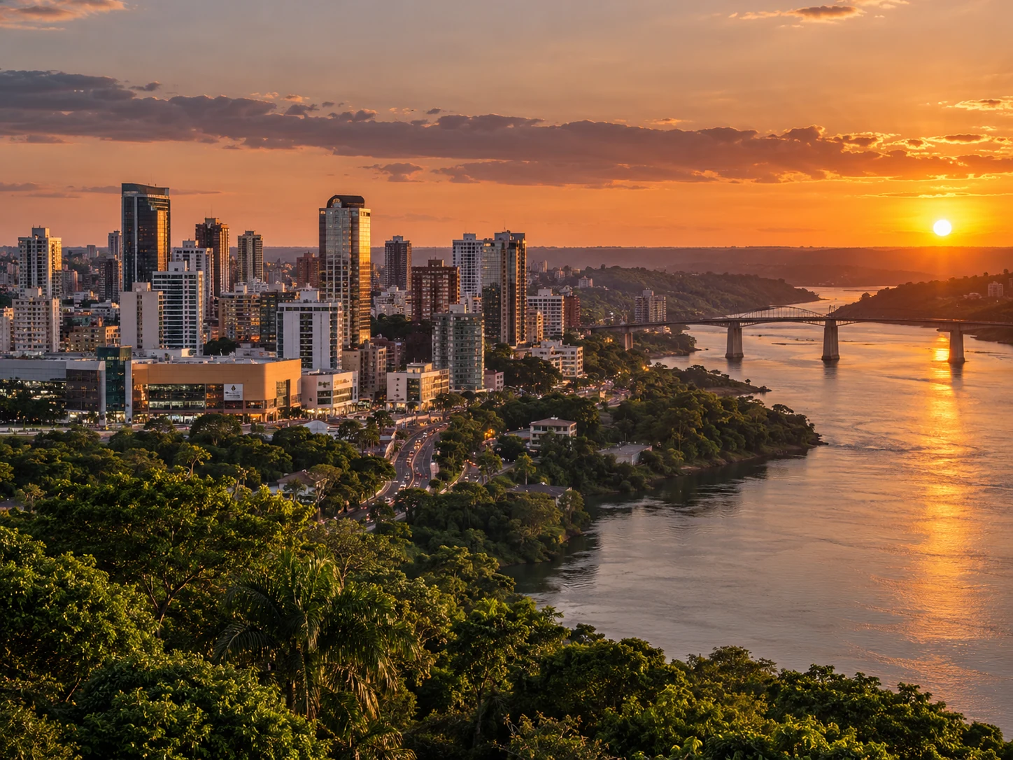 Vista ilustrativa de uma cidade à beira do Rio Paraná ao entardecer